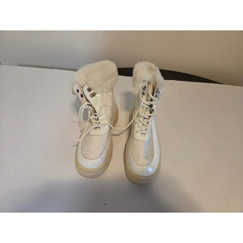 Olivia Miller Womens White Faux Fur Trim Lace Up Winter Combat Boots Size 9